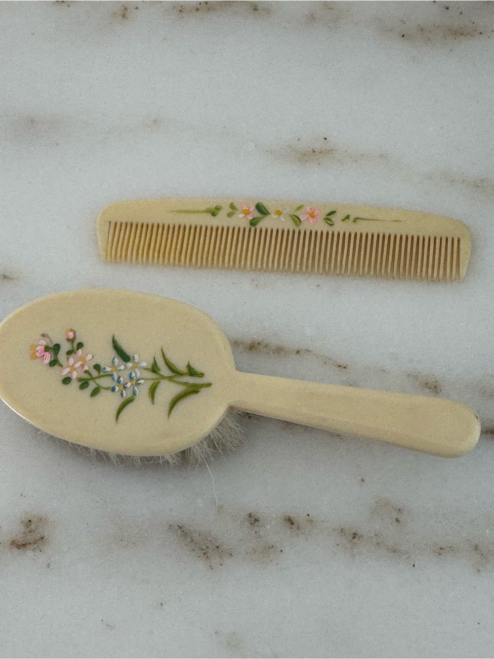 Vintage Cream Floral Child Hand Brush and Comb Set